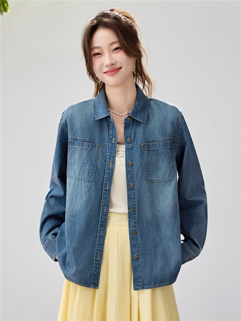 2026春夏新款复古水洗牛仔衬衫女宽松显瘦叠穿长袖衬衣外套休闲,女装衬衫,艾米