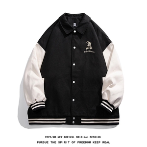 白底23春季复古拼接螺纹翻领棒球服百搭夹克G612P85控118图片