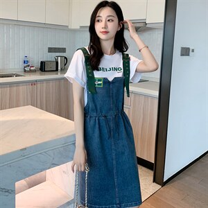 背带裙套装韩版通勤牛仔裙女夏新款连衣裙印花套头休闲韩版中长款图片