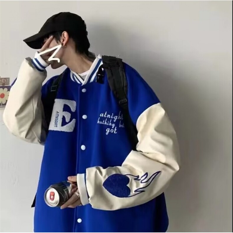 美式复古条纹撞色棒球服女春秋2025新款潮宽松休闲情侣夹克外套,男装夹克,星座506A