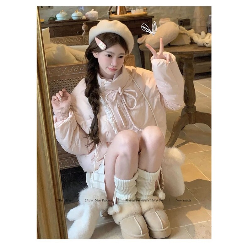 812#蕾丝拼接棉服外套女冬季韩系高级感粉色蝴蝶结系带棉衣,男装棉衣,星座506A