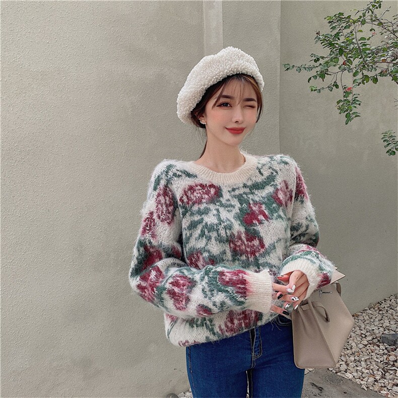 价ins马海毛磨毛质感花朵宽松软糯圆领套头毛衣,针织衫/毛衣,潮品会