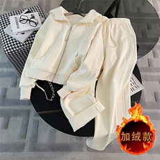 秋冬宽松休闲连帽加绒卫衣外套卫裤套装，女装套装/套裙，江南