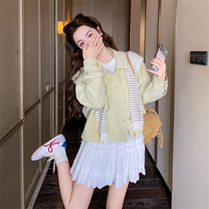 2B081-7706-p160-K238韩系条纹针织披肩长袖牛仔上衣2026春季新款，女装短外套，韩蜜菓