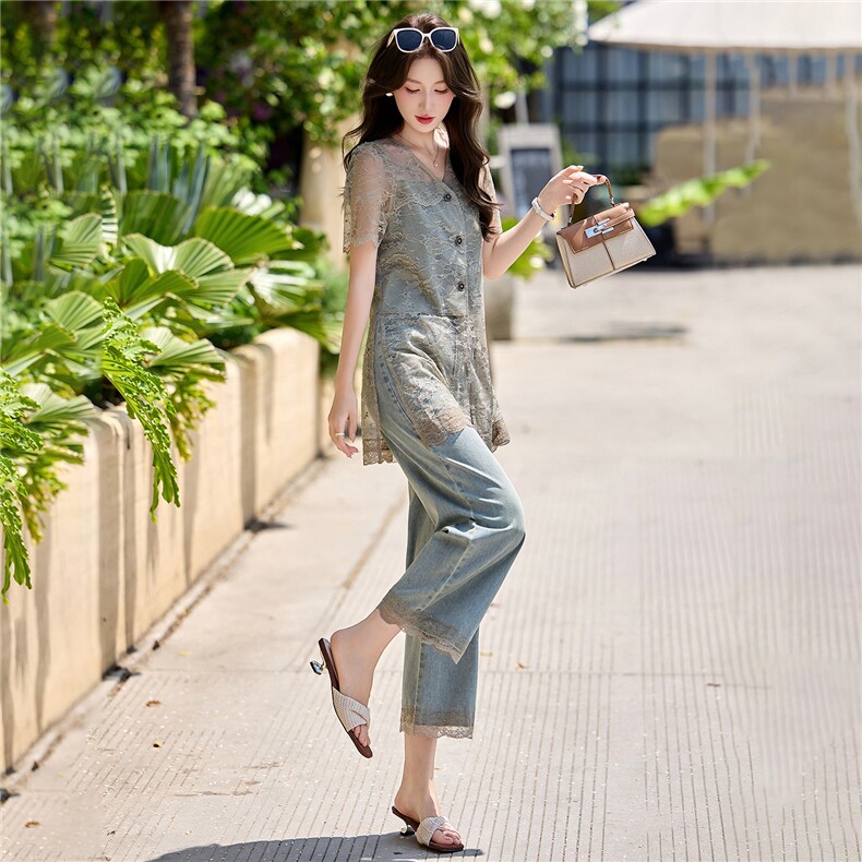 衫蕾丝拼接牛仔2件套女2026夏新显瘦蕾丝牛仔衬衫阔腿裤时尚套装,女装套装/套裙,意芙