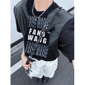 XZ1005-1-TTH0046-批48-设计款垫肩拼接短袖T恤,中长款男士呢子大衣搭配图片