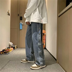 ins潮流高街风排扣牛仔裤男女潮牌宽松直筒牛仔裤阔腿裤N090-P40图片