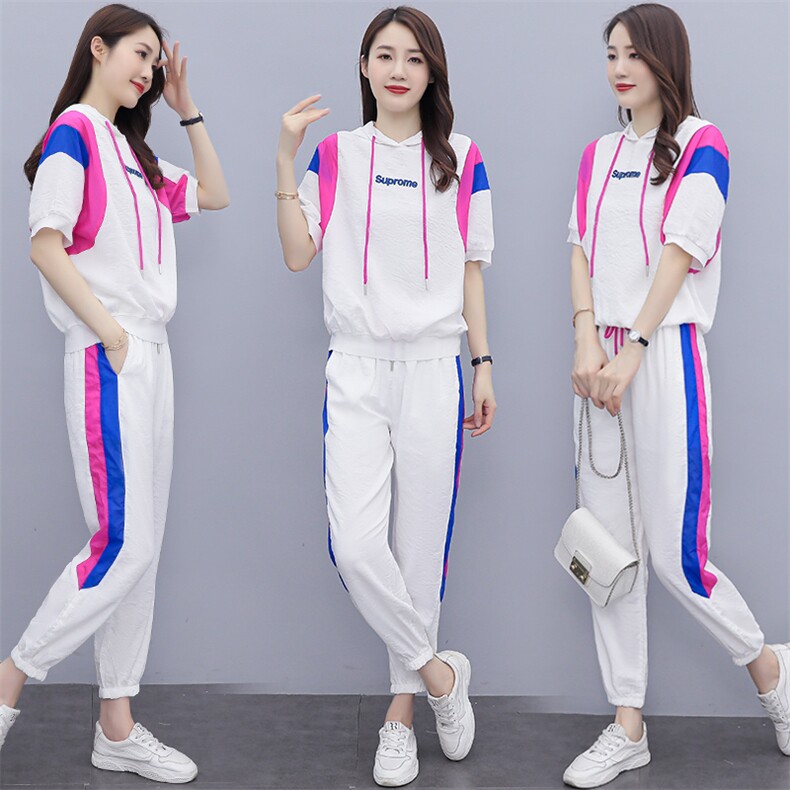 短袖时尚套装女2022夏季新款女装韩版休闲百搭撞色绣花两件套裤潮，女装套装/套裙，慧尚依恋