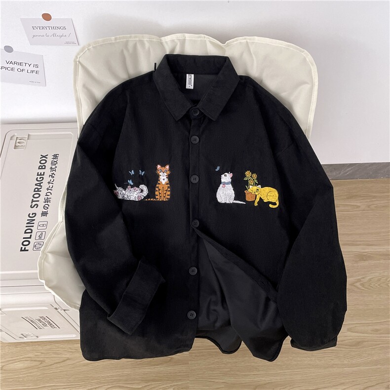 春秋季新款绣花衬衫复古卡通猫咪男女长袖衬衣外套CS0232-P40,男装衬衫,星座308B-2