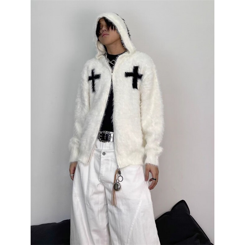 美式复古十字架连帽开衫毛衣男女秋冬季慵懒风宽松百搭针织衫外套，男装针织衫/毛衣，星座506A