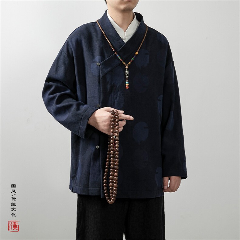 秋冬新款风男装棉麻提花改良汉服加绒新中式外套X15P85图片