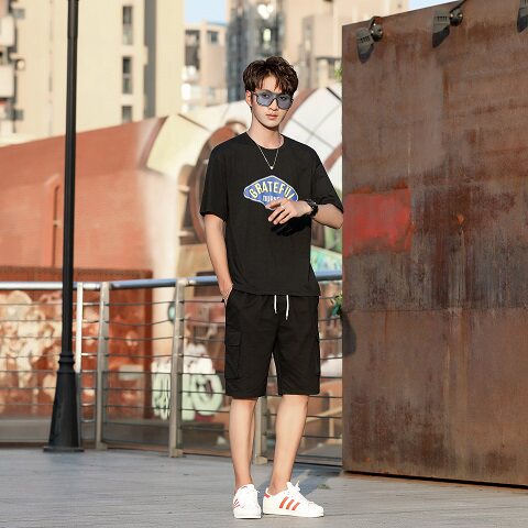 夏季宽松上衣裤子两件套男韩版短袖工装裤套装潮流t恤运动服,男装休闲套装,星座1804
