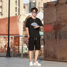 夏季宽松上衣裤子两件套男韩版短袖工装裤套装潮流t恤运动服，男装套装，星座1804