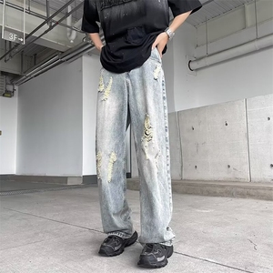 高街破洞牛仔裤男士韩版潮流痞子帅气2024夏季ins长裤RK1802-P46图片