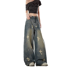 美式高街星星镭射印花牛仔裤男女宽松复古阔腿裤直筒裤AM7087P54，男装牛仔裤，星座1013-5
