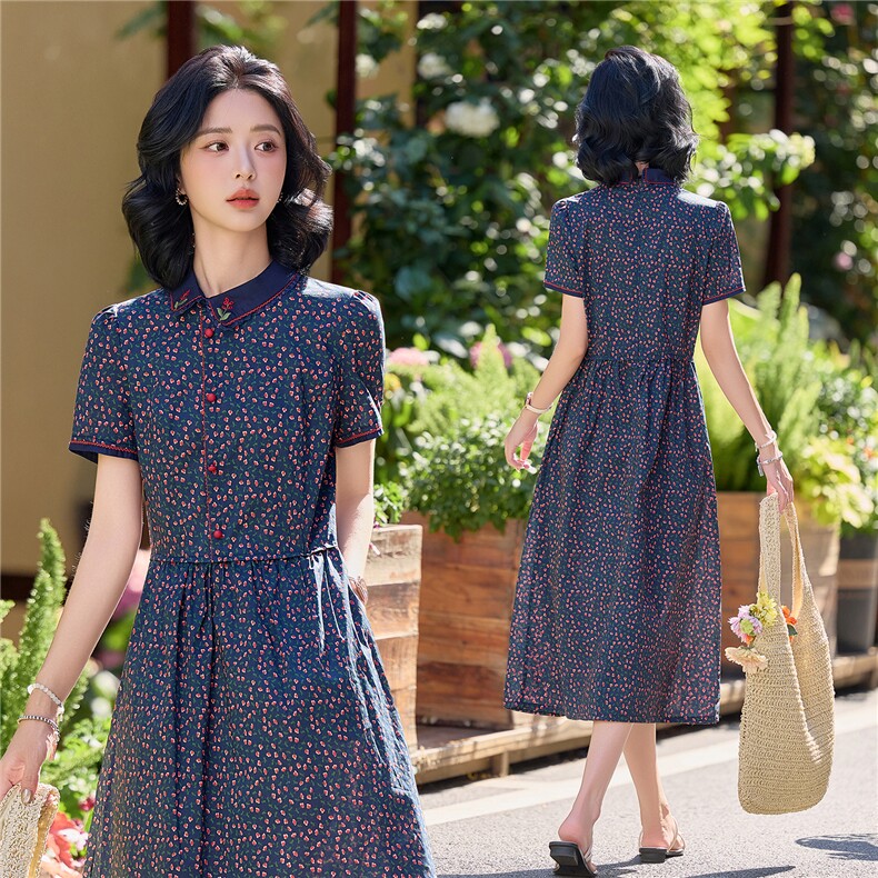 田园风斜领碎花刺绣连衣裙女春夏收腰显瘦中长裙（细节图颜色为）,女装连衣裙,水衣源
