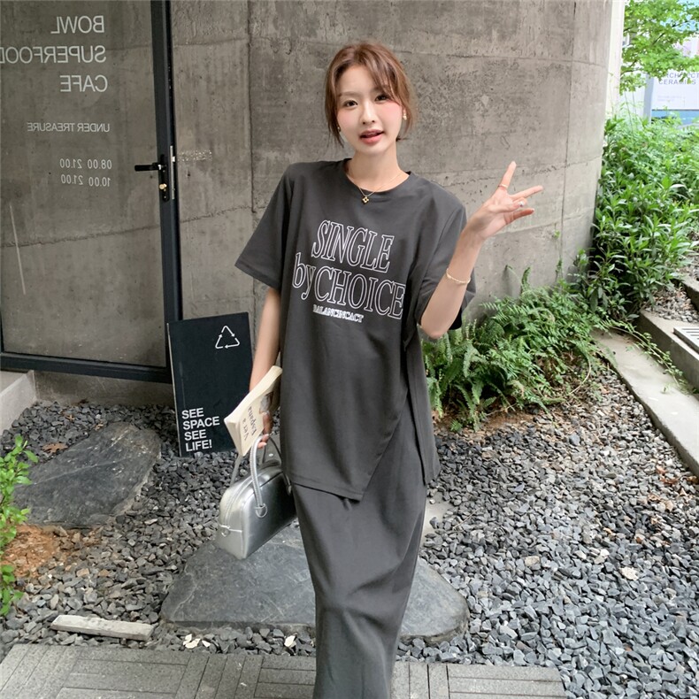 休闲减龄T恤半身裙套装女2025夏季新款俏皮活泼侧开叉显瘦两件套,女装套装/套裙,2C090