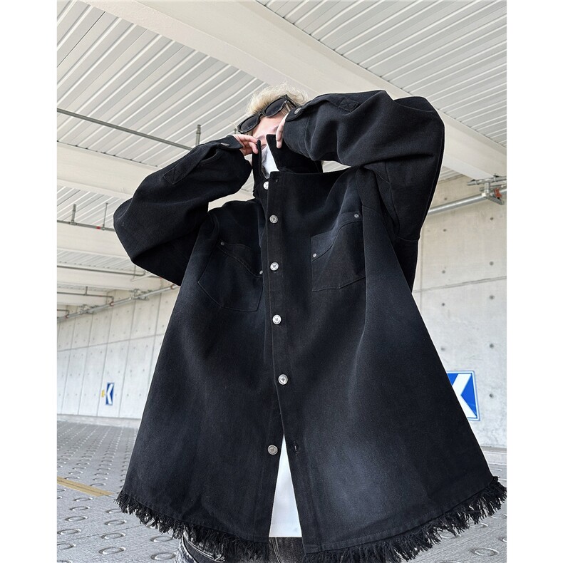 美式复古潮牌背后字母牛仔外套男女宽松破坏毛边情侣夹克，男装工装外套，星座410-7