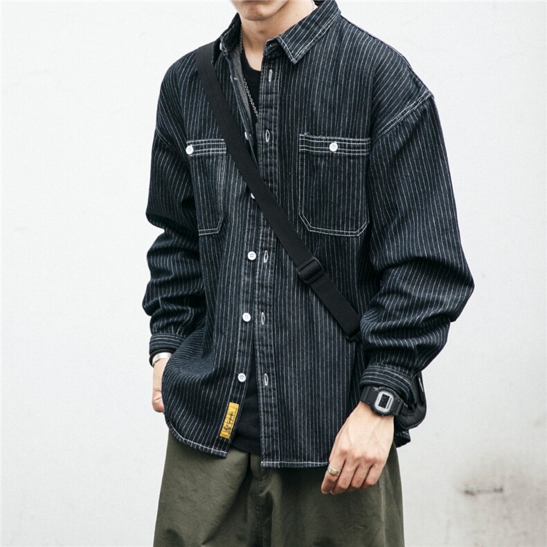 秋季条纹牛仔衬衫男士长袖翻领外套衬衣明线工装口袋CS6055P55，男装衬衫，星座1013-1