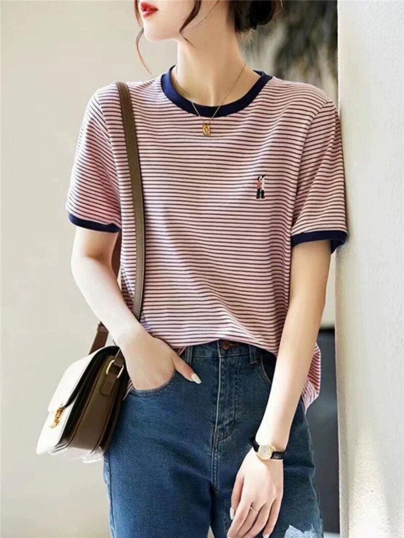 夏季短袖圆领条纹撞色刺绣t恤欧货减龄打底衫外穿显瘦上衣女,女装T恤,德聚羊绒