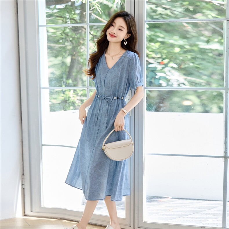天丝亚麻连衣裙女2025夏季新款宽松V领高级感爆款中长款薄裙子,女装连衣裙,素月