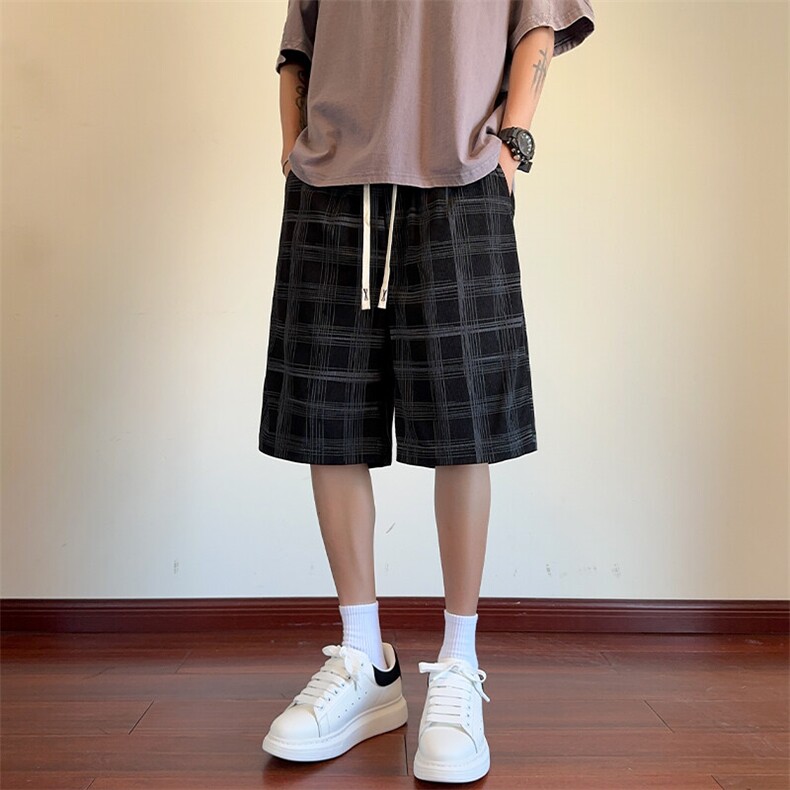 特批P20无差价夏季格子凉感冰丝宽松港风直筒五分短裤男DK5829,男装休闲裤,电商A001
