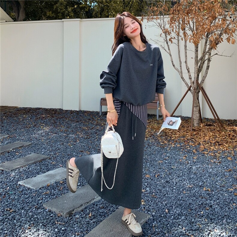韩系休闲松弛感学院风套装裙灰色卫衣半身裙两件套女秋季图片