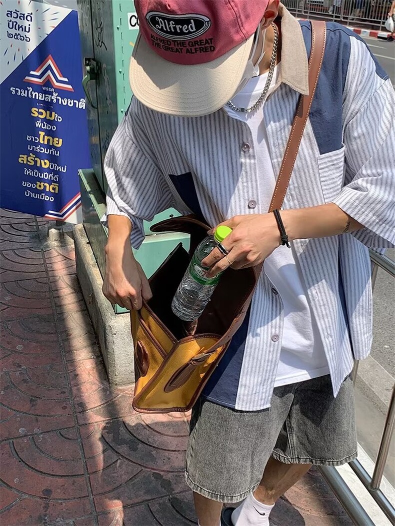潮牌条纹短袖衬衫男夏季美式复古oversize学院风宽松休闲上衣HC10,男装衬衫,星座601-2