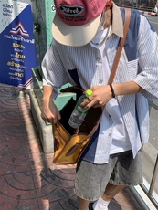 潮牌条纹短袖衬衫男夏季美式复古oversize学院风宽松休闲上衣HC10，男装衬衫，星座601-2
