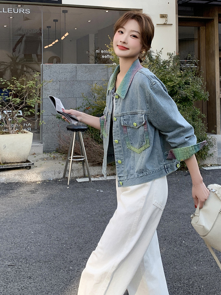促销2025春季时髦休闲潮流气质宽松百搭彩色翻领单排扣牛仔短外套,女装牛仔外套,蝶眷