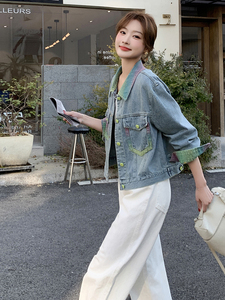 促销2025春季时髦休闲潮流气质宽松百搭彩色翻领单排扣牛仔短外套图片