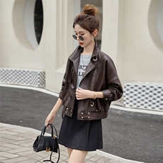 西装领长袖外套短款PU皮夹克2025春秋季新款女小个子时尚百搭上衣，女装皮衣，潮流依族