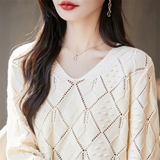 2025时尚百搭菱形镂空针织衫，女装针织衫/毛衣，长今羊