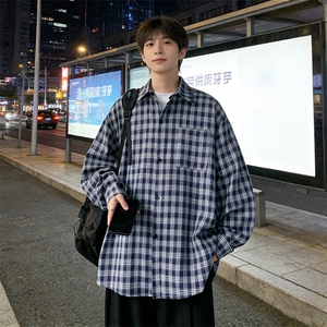 宽松格子衬衫男长袖衬衣A143-P45图片