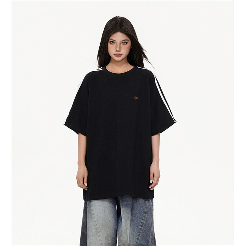 抖音得物高品质二开240克宽松纯棉美式潮牌三条杠织带短袖T恤，男装T恤，电商A486