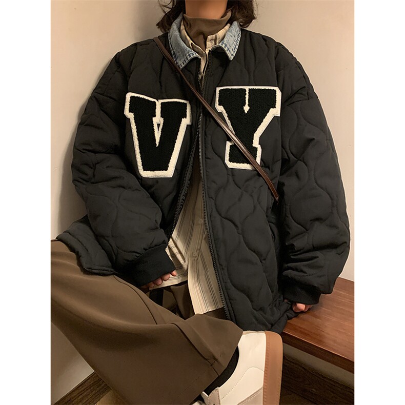 美式工装棉服oversize潮设计感小众复古牛仔polo领外套M02513-P78,男装棉衣,星座308B-1