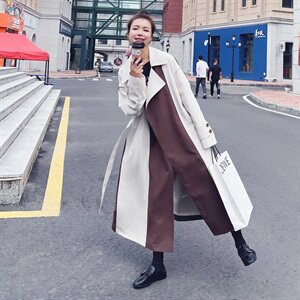 18号出货！2021春秋季撞色拼接设计感长款风衣165A-6568图片