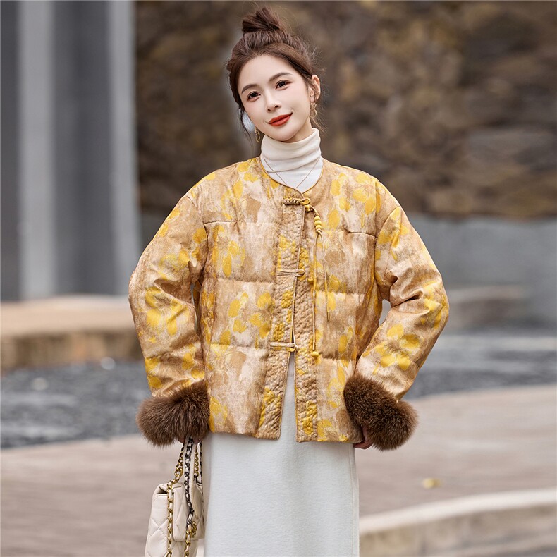 新中式90提花羽绒服2025年冬季新款高级感优雅气质白鸭外套,女装羽绒服,玖莱伊