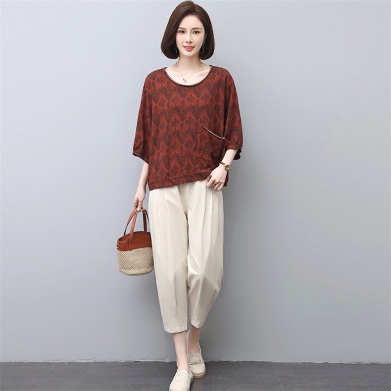 2025夏装新款韩版大码遮肉印花两件套棉麻女装套装高端，女装套装/套裙，璐依舞