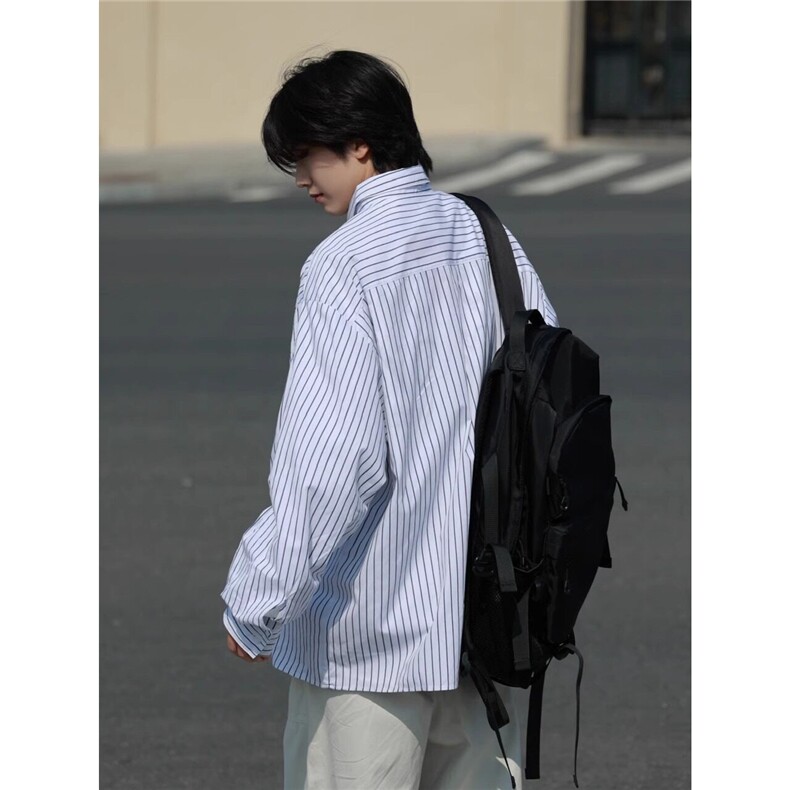 杭州现货时尚竖条纹廓形宽松白衬衫ins男休闲经典款复古百搭衬,男装衬衫,星座218-1（原230）