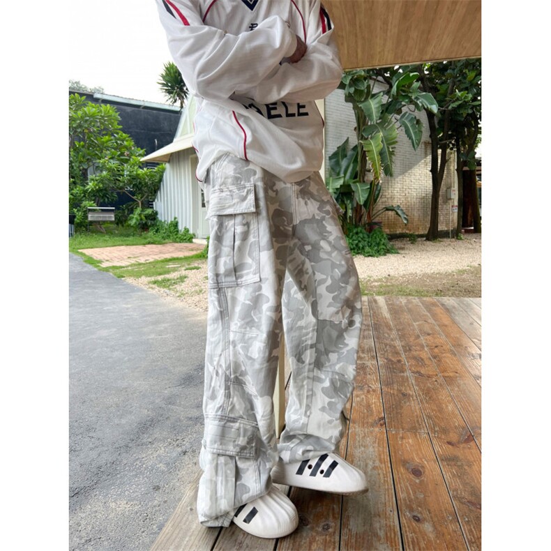 美式水洗雪地迷彩多口袋牛仔工装裤男女同款风直筒微喇休闲裤,男装工装外套,四季星座505