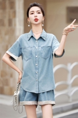 短袖牛仔衬衫套装女2025夏季新款小个子港风复古阔腿短裤两件套潮，女装套装/套裙，微微衣阁