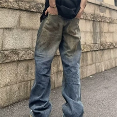 美式复古高街黄泥染破洞宽松休闲牛仔裤男做旧直筒长裤男，男装牛仔裤，星座506A