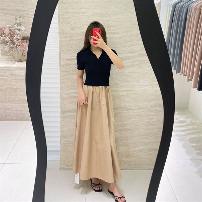 坑天POLO领拼接纯棉半身裙,女装连衣裙,优麦羊绒（原洪叶羊绒）