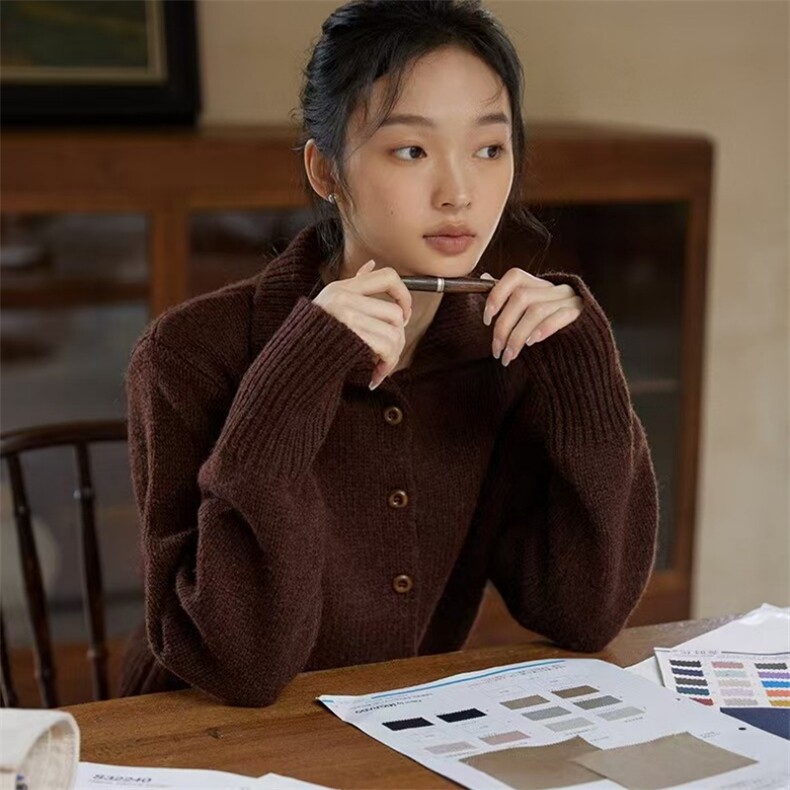 秋冬季羊毛简约复古修身款羊毛开衫,女装羊毛衫,锦瑟羊绒