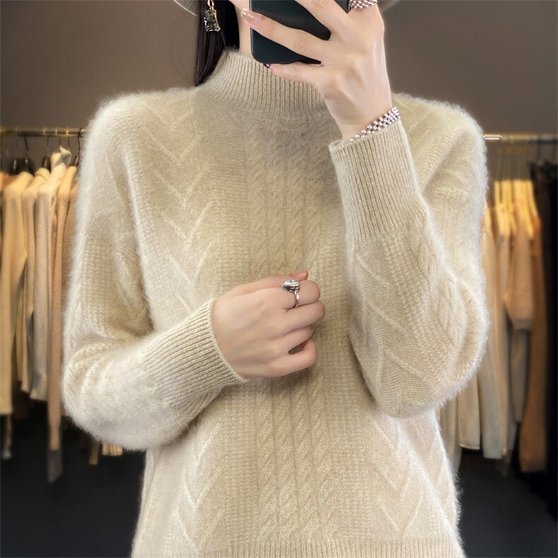 秋冬新款100%纯羊毛衫女半高领扭花加厚毛衣宽松羊绒衫针织打底衫,女装羊毛衫,琳华羊绒
