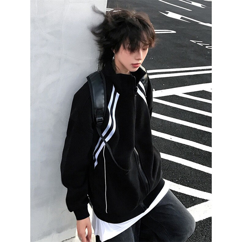 抖音得物高品质二开25秋冬美式重磅结构织带撞色立领卫衣外套W70，男装卫衣，电商A486-1