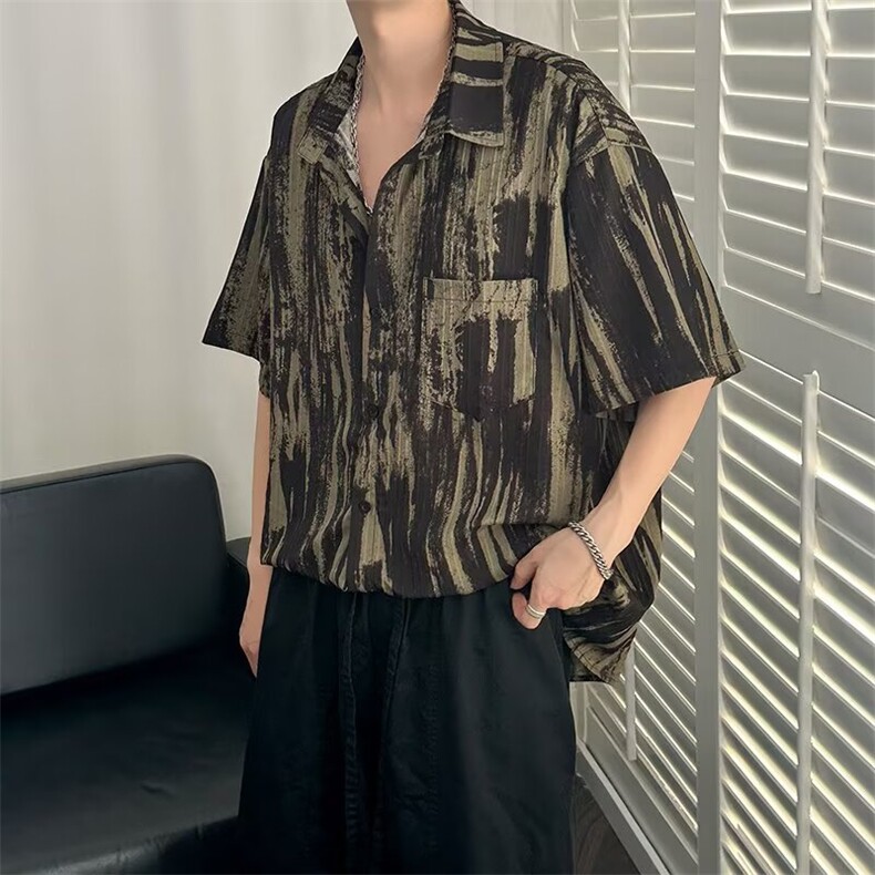 小众设计感泼墨短袖衬衫男2025新款夏季潮牌高级感宽松痞帅衬衣潮,男装T恤,星座506A