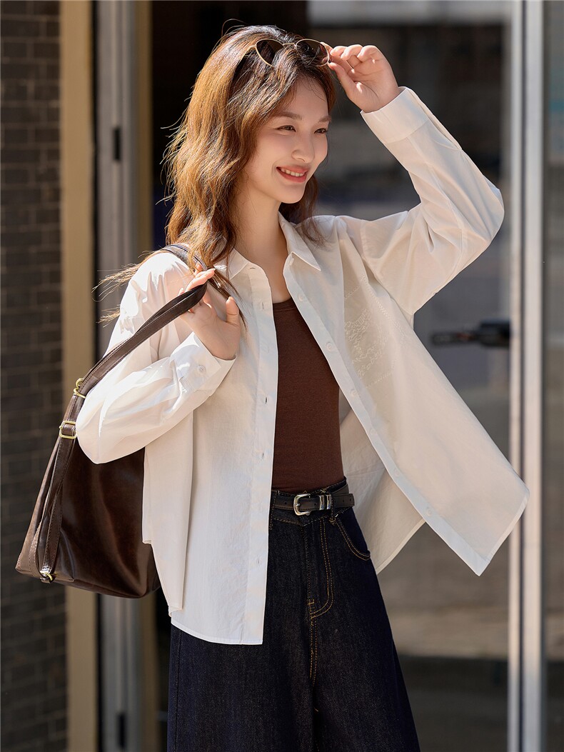 白色纯棉长袖开衫女2026秋季新款绣花衬衫打底搭配上衣,女装衬衫,梦懿尔