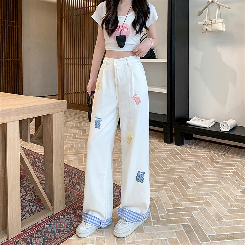 AK2217-P65小熊刺绣格子翻边休闲裤女夏高腰直筒宽松阔腿裤，男装休闲裤，星座617A-2